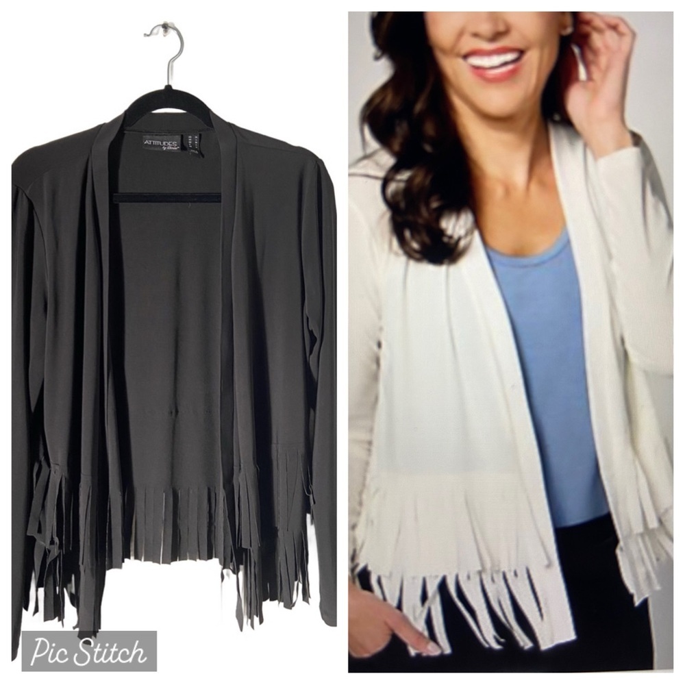 Attitudes by Renee Como Jersey Fringe Jacket Cardigan Topper Black M New